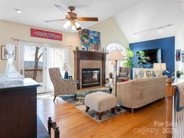 living room with lofted ceiling, hardwood / wood-style floors, a fireplace, and a healthy amount of sunlight