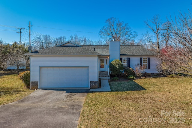 ranch-style house with a garage, driveway, crawl space, a front lawn, and a chimney