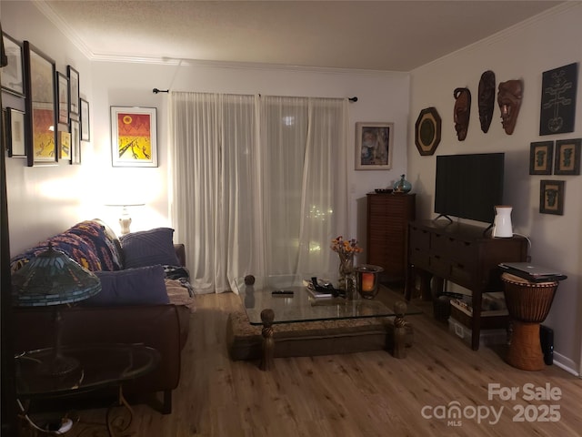 living room with light wood finished floors and ornamental molding