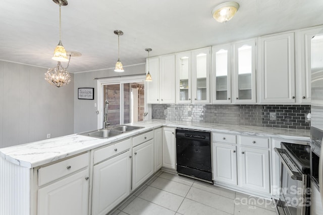 kitchen with electric stove, pendant lighting, white cabinets, black dishwasher, and a sink