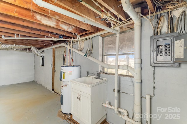 basement with electric panel and electric water heater