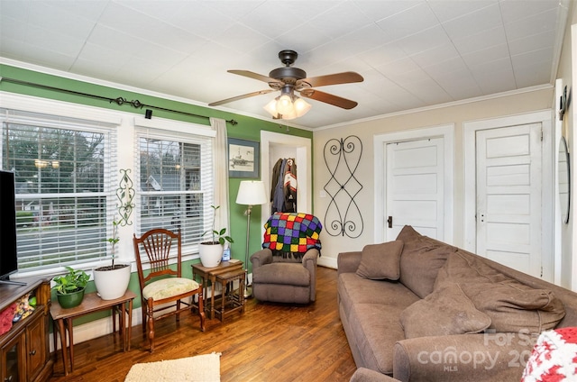 living room featuring crown molding, ceiling fan, and wood-type flooring