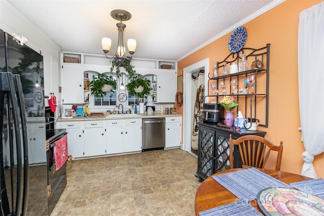 kitchen featuring sink, crown molding, white cabinets, decorative light fixtures, and stainless steel dishwasher