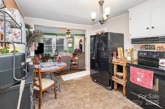 kitchen featuring crown molding, white cabinets, a textured ceiling, and black appliances