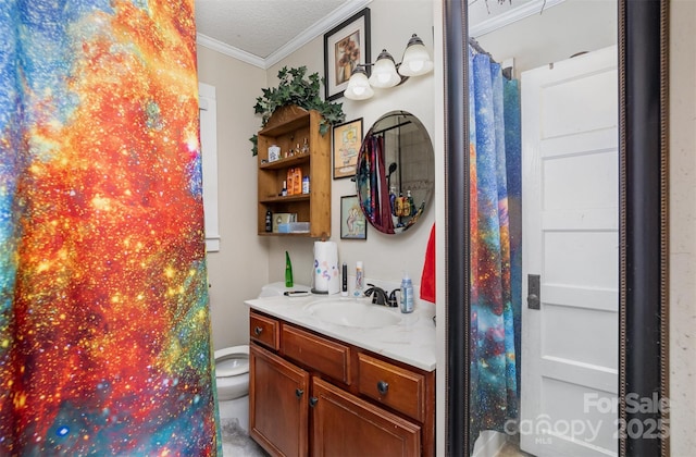 bathroom featuring crown molding, vanity, toilet, and a textured ceiling