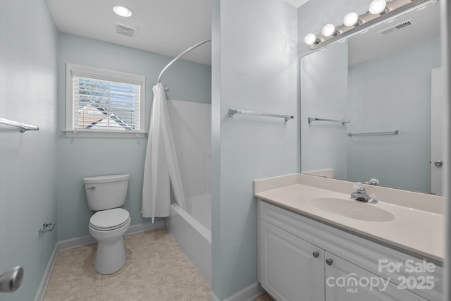 full bathroom with toilet, vanity, visible vents, and shower / tub combo with curtain