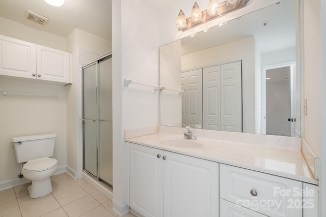 full bath with tile patterned flooring, a shower stall, visible vents, and a closet