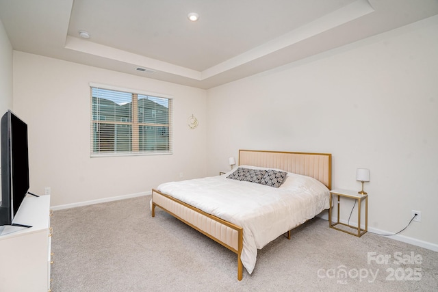 carpeted bedroom with a raised ceiling