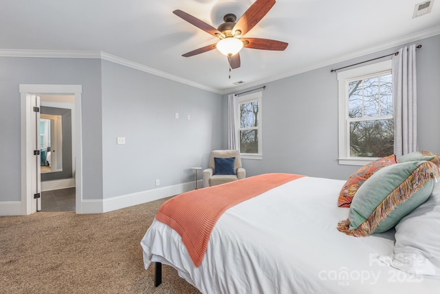 carpeted bedroom with crown molding and ceiling fan