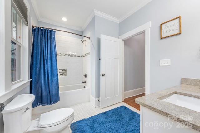 full bathroom featuring vanity, ornamental molding, toilet, and shower / bath combo with shower curtain