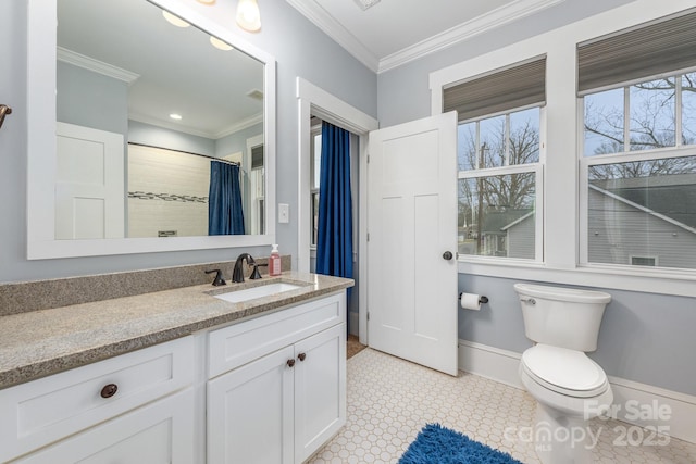 bathroom featuring vanity, a shower with curtain, ornamental molding, and toilet