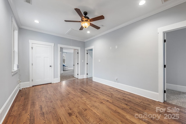 unfurnished bedroom with crown molding, ceiling fan, and wood-type flooring