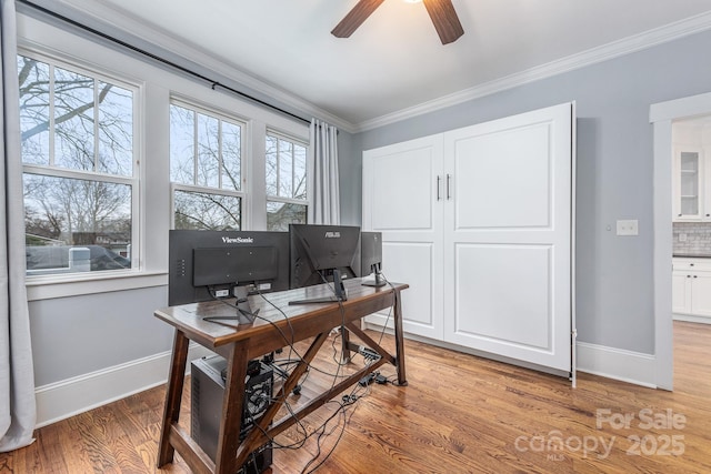 home office featuring crown molding, ceiling fan, and light hardwood / wood-style floors