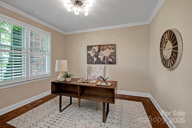 409 Running Horse Ln, Waxhaw, NC 28173 - office featuring wood finished floors, baseboards, and crown molding
