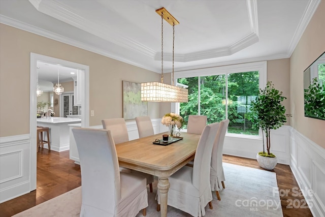 409 Running Horse Ln, Waxhaw, NC 28173 - dining area with ornamental molding, a tray ceiling, wainscoting, dark wood-style flooring, and a decorative wall