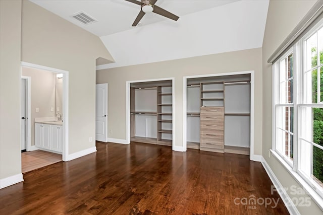 409 Running Horse Ln, Waxhaw, NC 28173 - unfurnished bedroom with multiple closets, wood finished floors, vaulted ceiling, multiple windows, and a sink