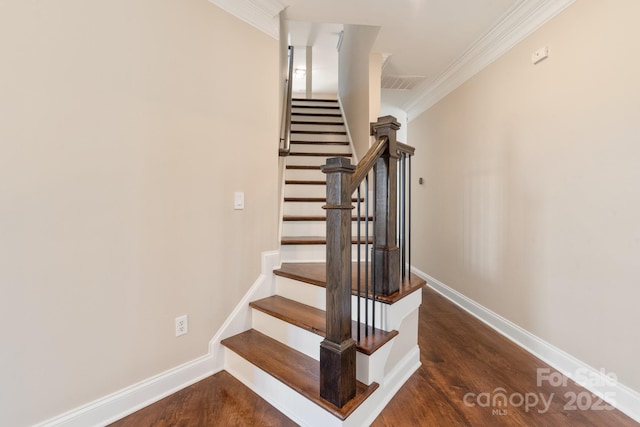 409 Running Horse Ln, Waxhaw, NC 28173 - staircase featuring ornamental molding, wood finished floors, and baseboards