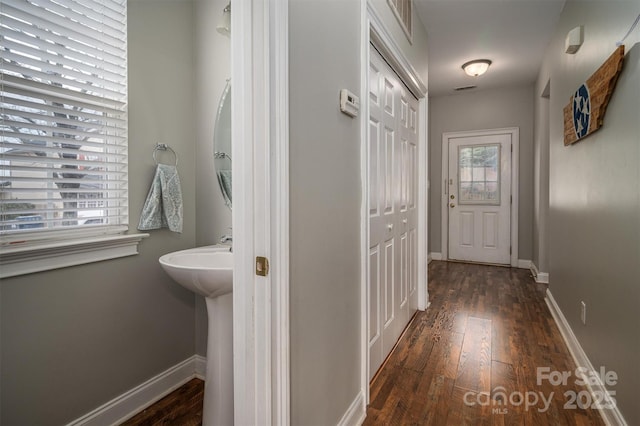 hall with dark wood-type flooring, a healthy amount of sunlight, and sink