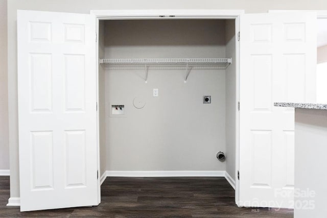 washroom featuring hookup for a washing machine, hookup for an electric dryer, laundry area, baseboards, and dark wood finished floors