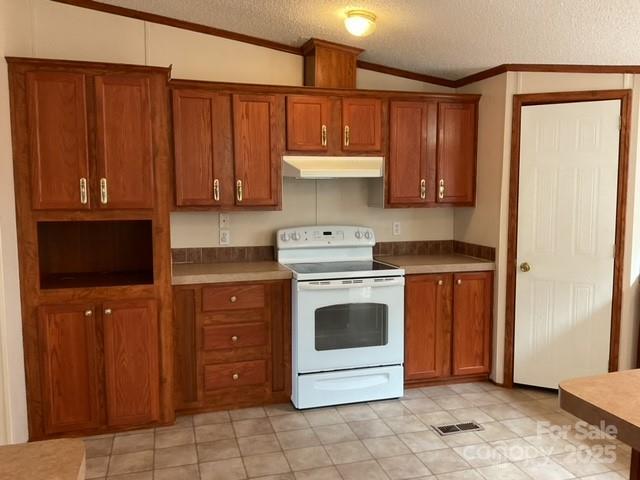 kitchen featuring ornamental molding, vaulted ceiling, white electric range, and a textured ceiling