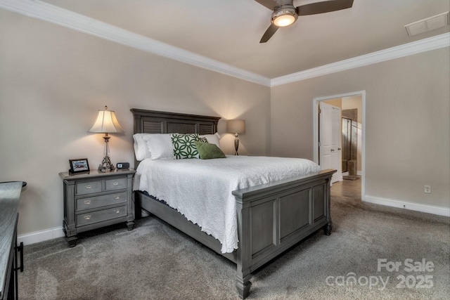 carpeted bedroom featuring crown molding and ceiling fan