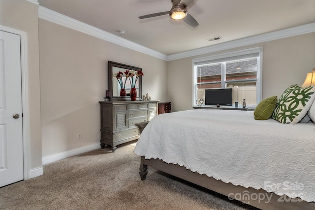 bedroom with light colored carpet, ornamental molding, and ceiling fan