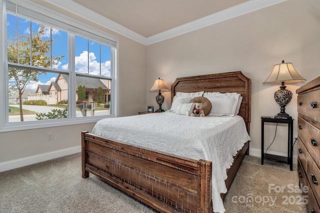 bedroom with crown molding, multiple windows, and light carpet