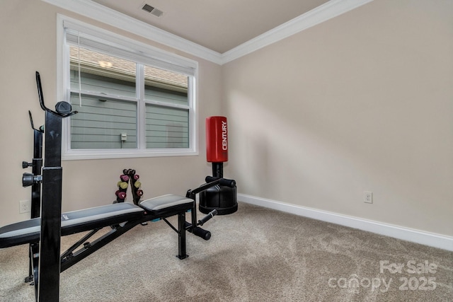 workout area with ornamental molding and carpet