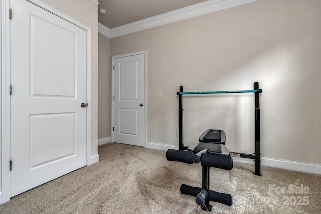 workout area with crown molding and light colored carpet