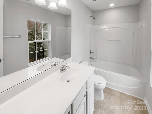 full bath featuring tile patterned floors, vanity, toilet, and shower / bathtub combination