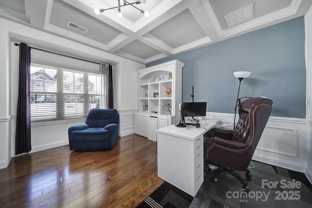 office space featuring dark wood-type flooring, beam ceiling, visible vents, and coffered ceiling