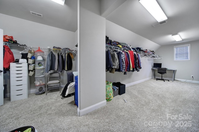 spacious closet with lofted ceiling, carpet, and visible vents