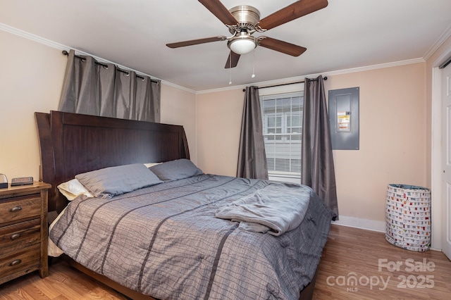 bedroom featuring crown molding, ceiling fan, and light hardwood / wood-style floors