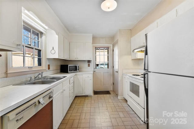 kitchen featuring dishwashing machine, sink, white cabinetry, fridge, and white range with electric stovetop