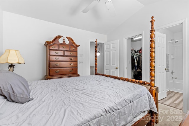 bedroom featuring a spacious closet, lofted ceiling, wood finished floors, a closet, and ensuite bath