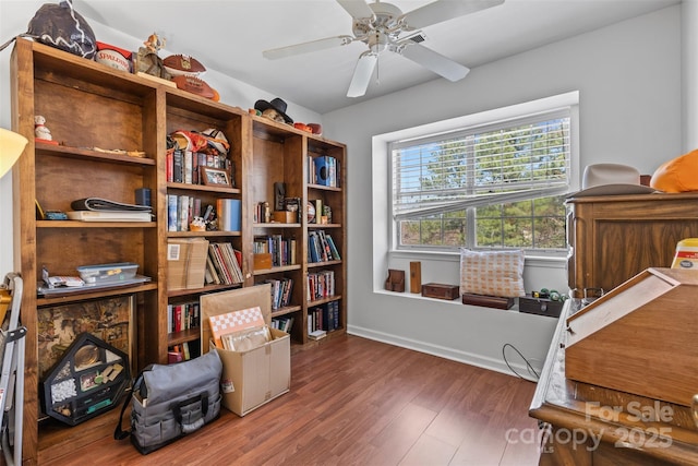 office space with a ceiling fan and wood finished floors