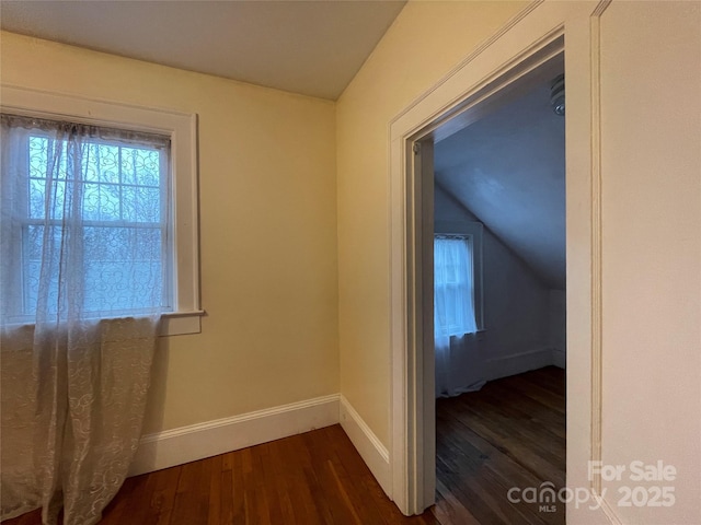 hall with lofted ceiling and dark wood-type flooring