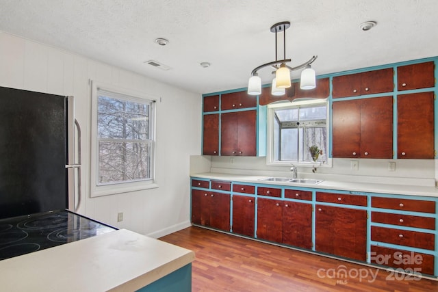 kitchen featuring visible vents, freestanding refrigerator, wood finished floors, plenty of natural light, and a sink