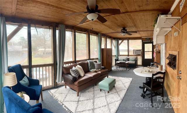 sunroom / solarium featuring a ceiling fan and wood ceiling