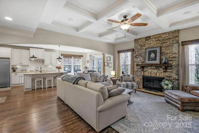 living room featuring beam ceiling, a stone fireplace, a healthy amount of sunlight, and wood finished floors