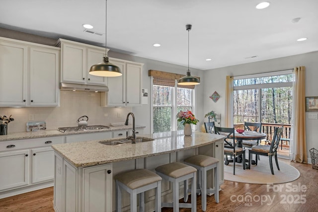 kitchen with light stone counters, light wood-style flooring, a sink, decorative backsplash, and under cabinet range hood