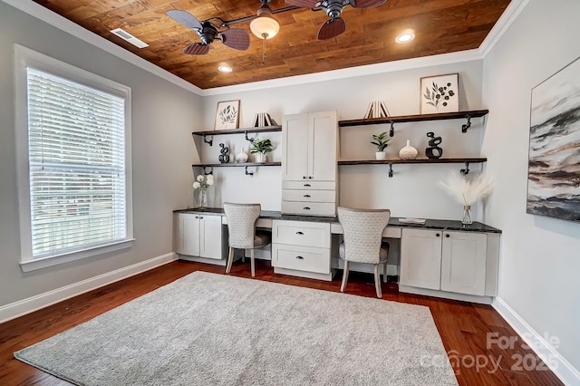 office space featuring a ceiling fan, wood ceiling, built in study area, and baseboards