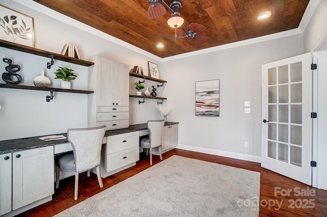 office space with recessed lighting, dark wood-style flooring, wood ceiling, baseboards, and ornamental molding