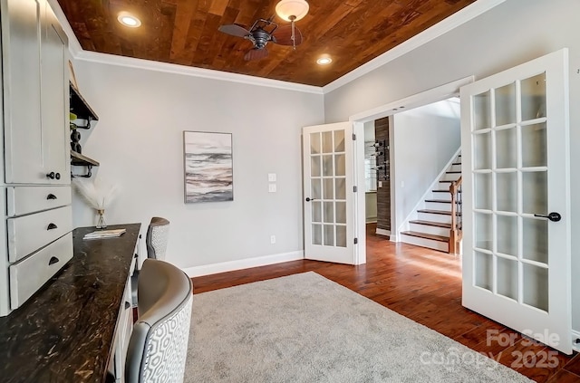 office area with ornamental molding, french doors, wooden ceiling, and dark wood-style floors