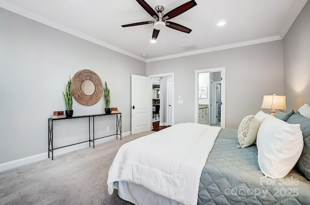 bedroom with light carpet, ornamental molding, recessed lighting, and baseboards