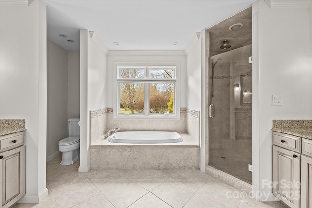 full bathroom with toilet, crown molding, separate shower and tub, vanity, and tile patterned flooring