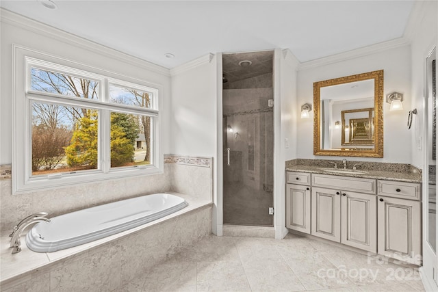 bathroom featuring shower with separate bathtub, vanity, and crown molding