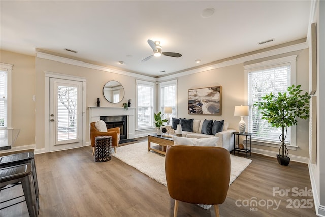 living room featuring a premium fireplace, crown molding, hardwood / wood-style floors, and ceiling fan