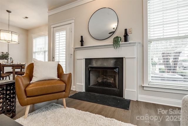 living area with hardwood / wood-style floors