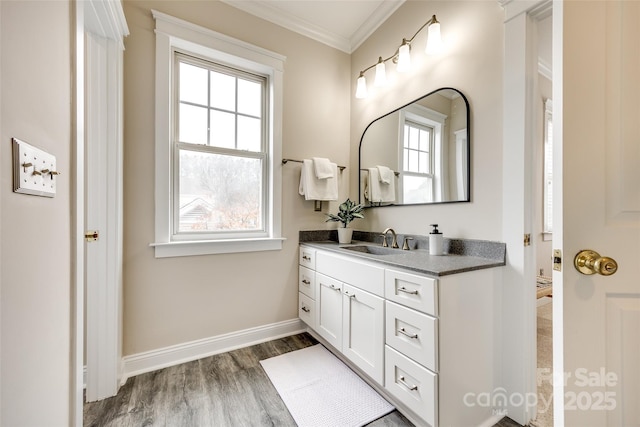 bathroom with vanity, wood-type flooring, and ornamental molding